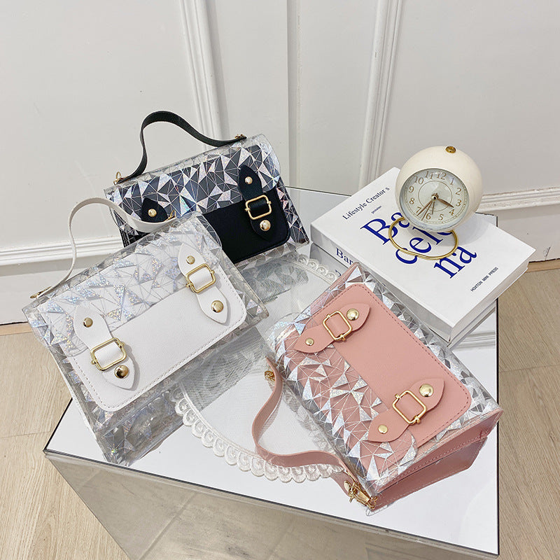 2025 Summer Korean Style Transparent Print Contrast Chain Small Square Bag for Women