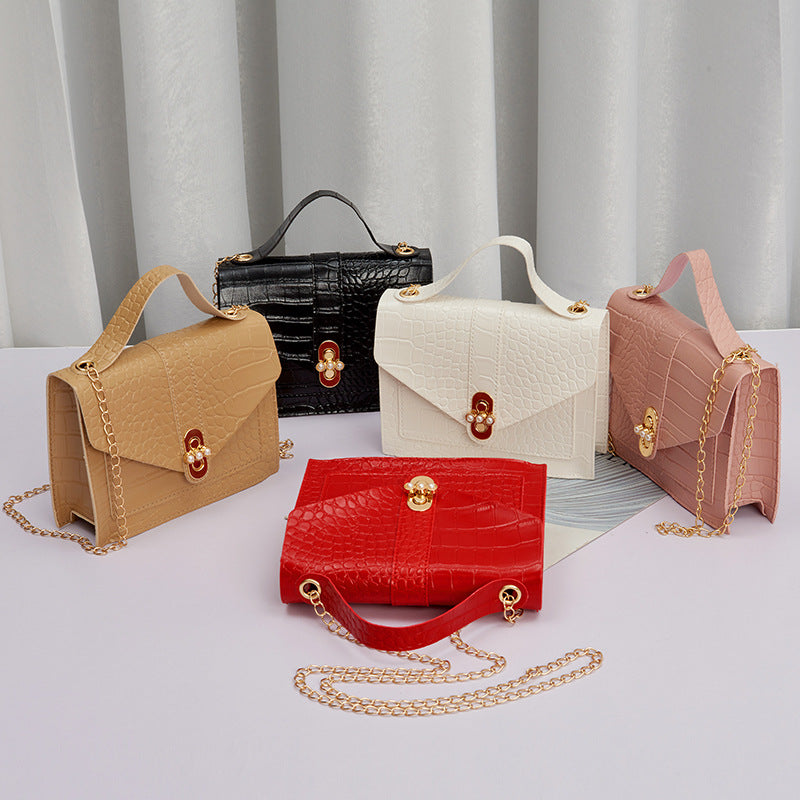2025 Korean Color-Block Crocodile Pearl Lock Chain Small Square Bag