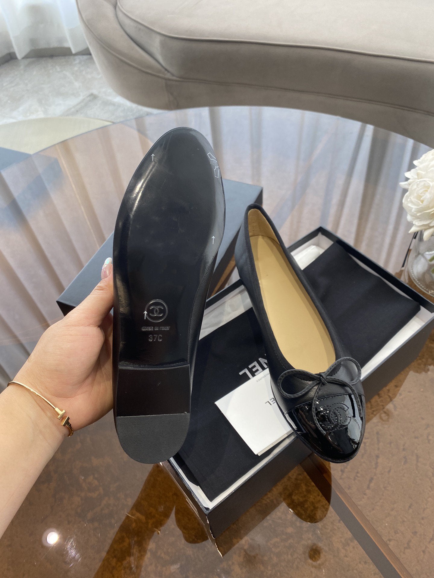 BALLET FLATS BLACK BEIGE LAMBSKIN
