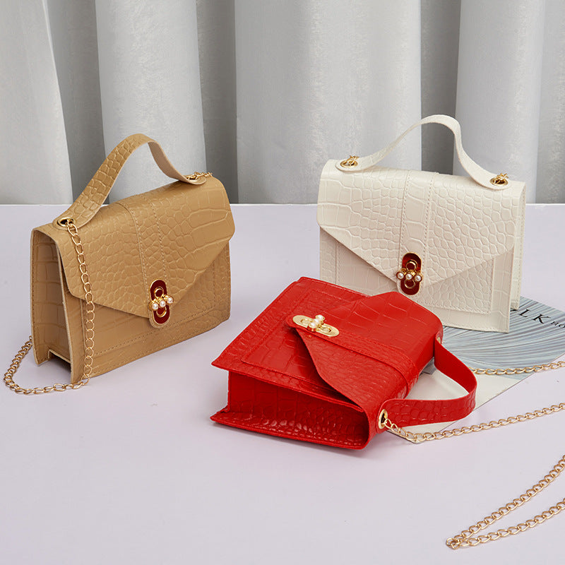 2025 Korean Color-Block Crocodile Pearl Lock Chain Small Square Bag