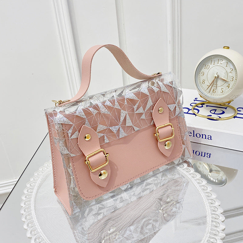 2025 Summer Korean Style Transparent Print Contrast Chain Small Square Bag for Women