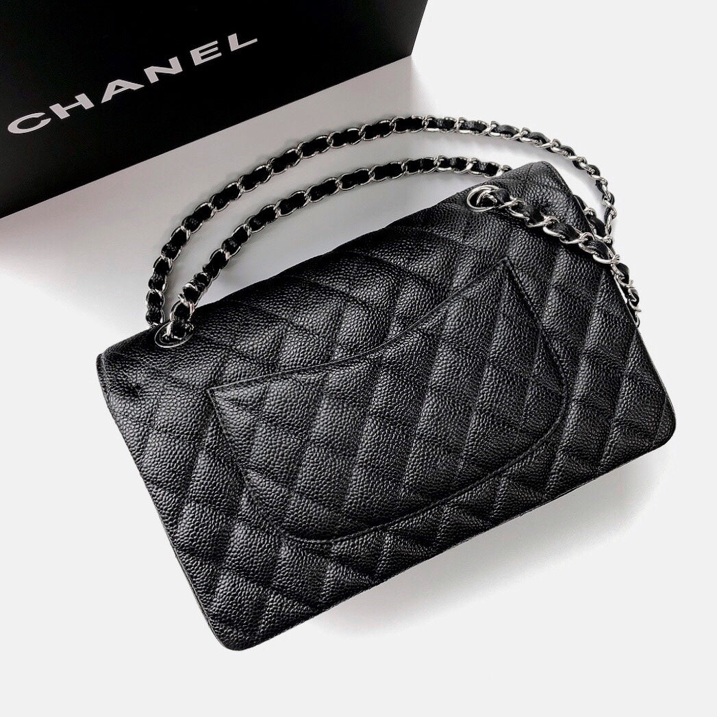 FLAP BAG 25 IN BLACK CAVIAR LEATHER SILVER HARDWARE
