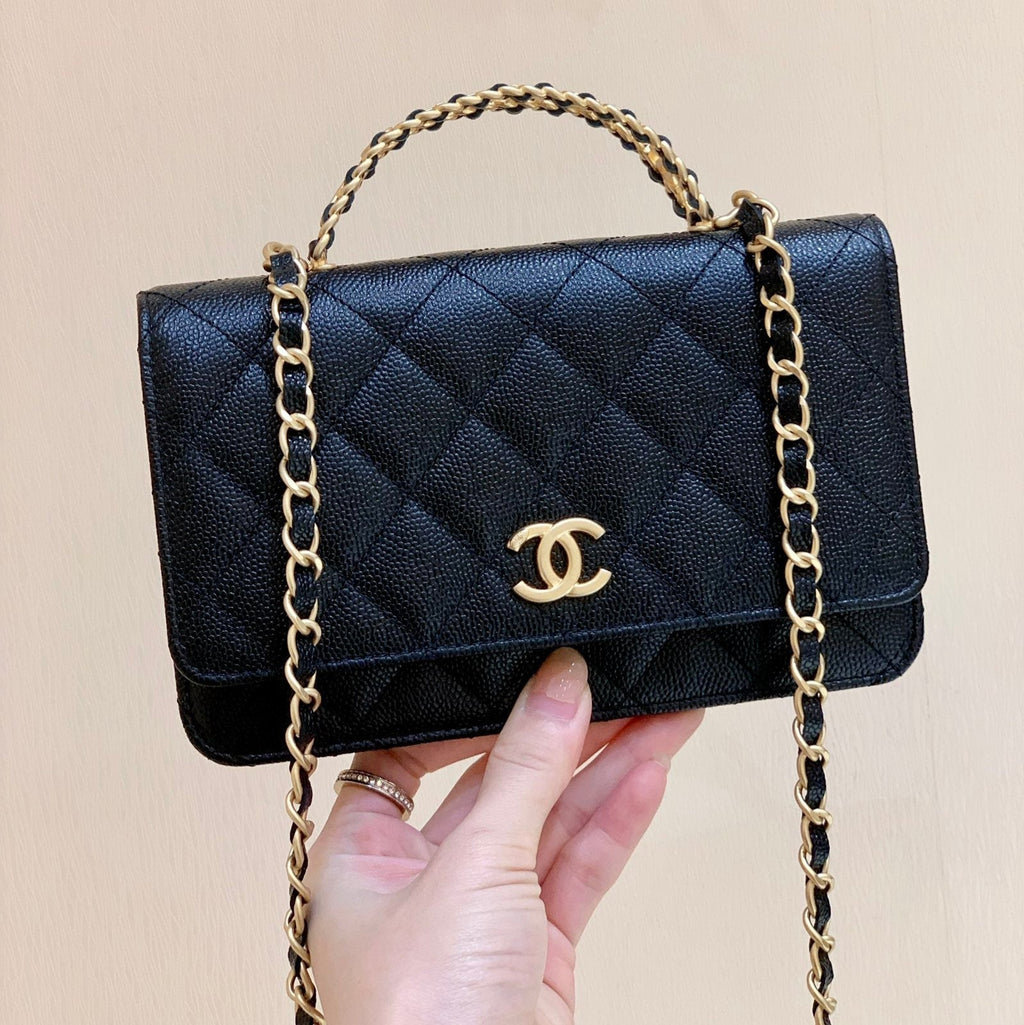 CHANEL 25S TOP HANDLE BAG 19 IN BLACK WALLET ON CHAIN LAMBSKIN