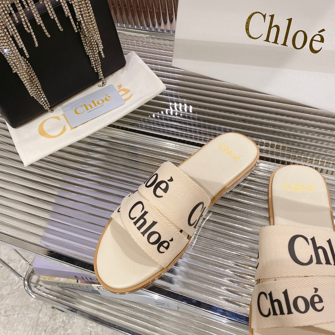 CHLO¨¦ WOODY SLIPPER IN BEIGE MIX BLACK CANVAS