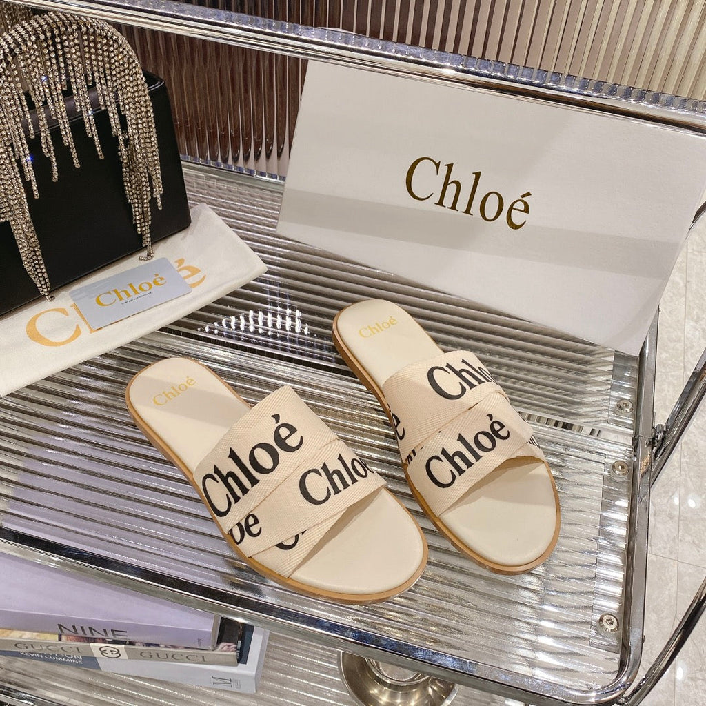 CHLO¨¦ WOODY SLIPPER IN BEIGE MIX BLACK CANVAS