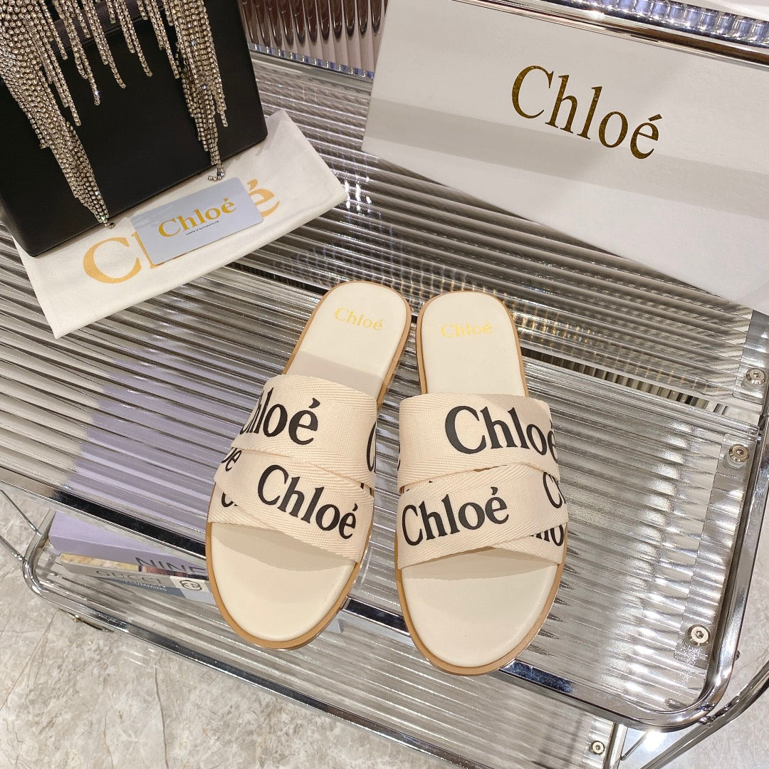 CHLO¨¦ WOODY SLIPPER IN BEIGE MIX BLACK CANVAS