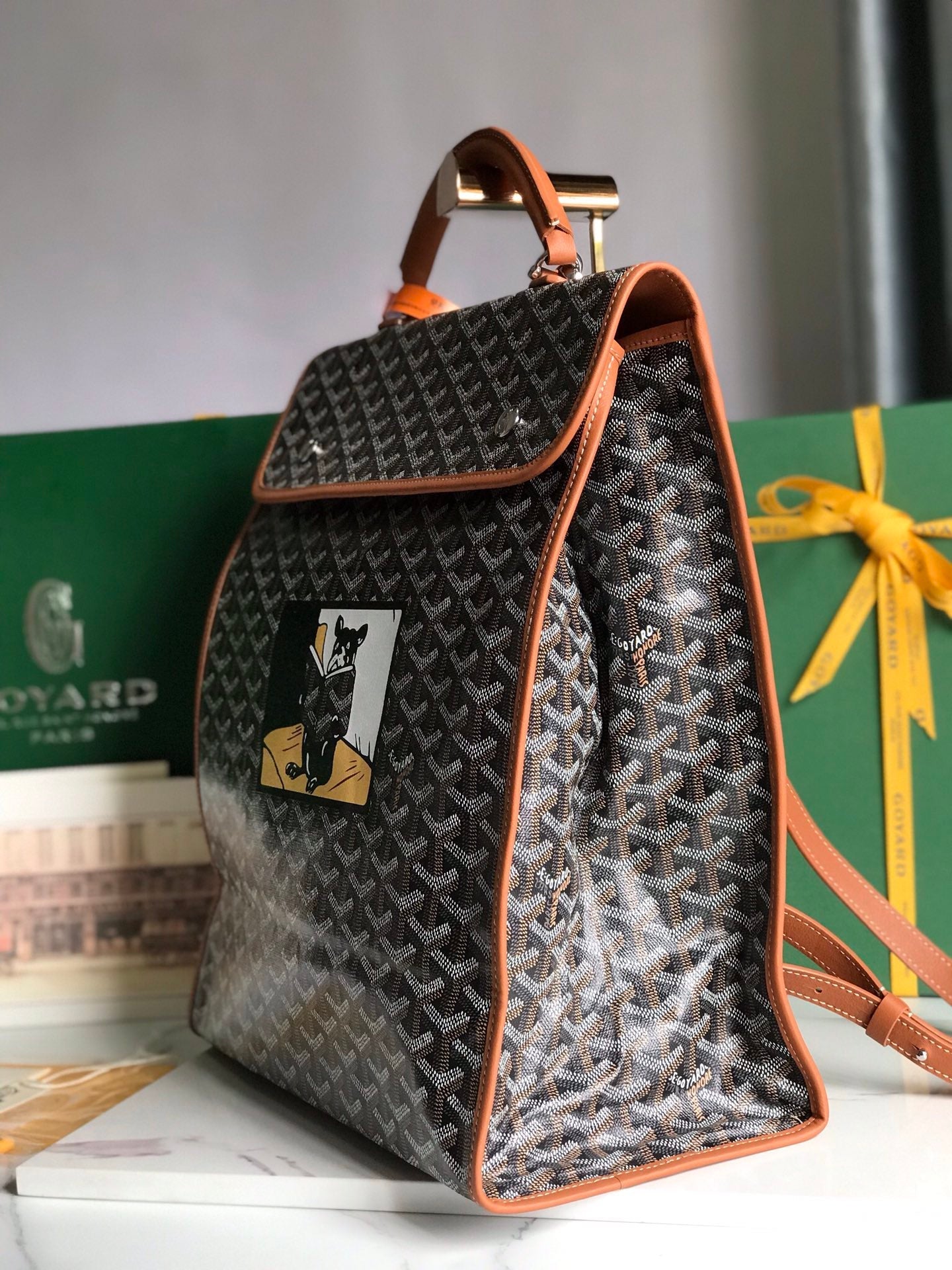 SAINT L¨¦GER BACKPACK 35 IN BROWN GOYARDINE CANVAS AND CALFSKIN WITH CARTOON PATCH
