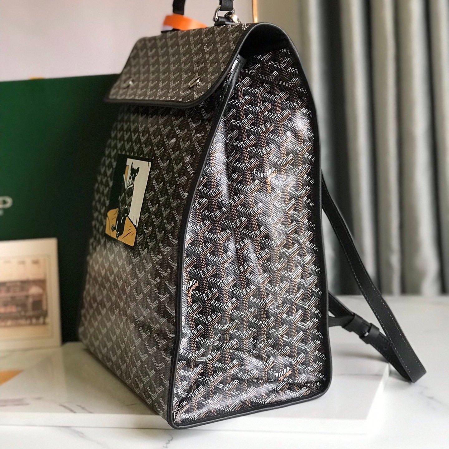 SAINT L¨¦GER BACKPACK 35 IN BROWN MIX BALCK GOYARDINE CANVAS AND CALFSKIN WITH CARTOON PATCH
