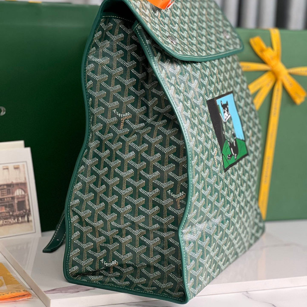 SAINT L¨¦GER BACKPACK 35 IN GREEN GOYARDINE CANVAS AND CALFSKIN WITH CARTOON PATCH