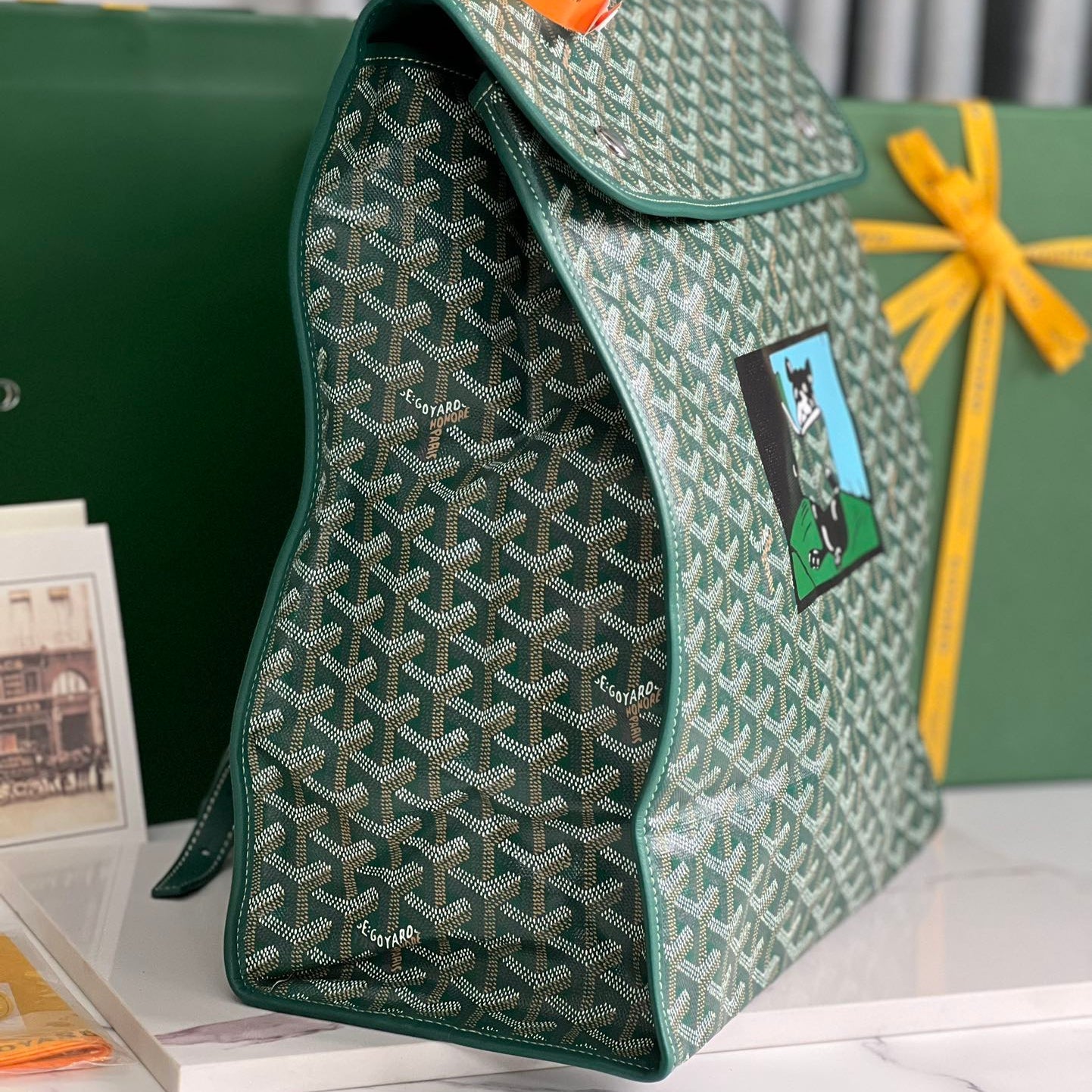 SAINT L¨¦GER BACKPACK 35 IN GREEN GOYARDINE CANVAS AND CALFSKIN WITH CARTOON PATCH