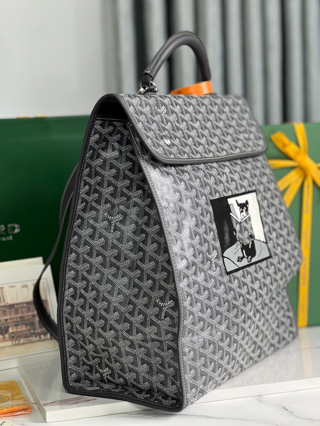 SAINT L¨¦GER BACKPACK 35 IN BLACK GOYARDINE CANVAS AND CALFSKIN WITH CARTOON PATCH