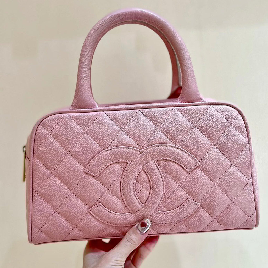 25S CHANEL QUILTED CAVIAR BOWLING BAG 27 IN PINK CALFSKIN