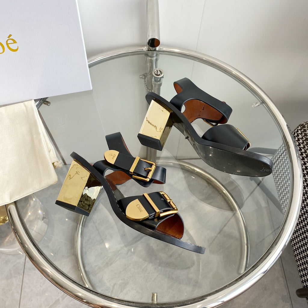 CHLO¨¦ REBECCA LOW HEELED SANDAL IN BLACK LAMBSKIN GOLD HARDWARE