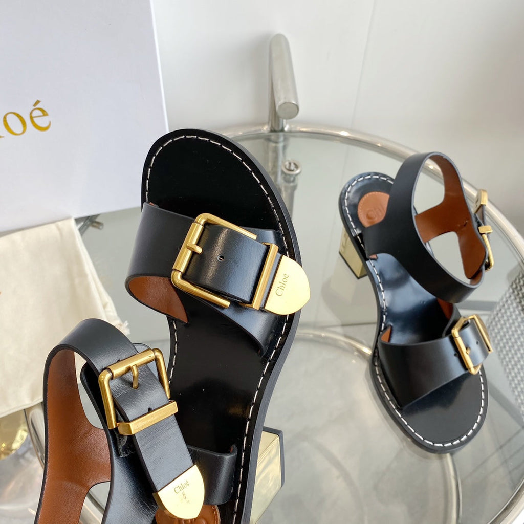 CHLO¨¦ REBECCA LOW HEELED SANDAL IN BLACK LAMBSKIN GOLD HARDWARE