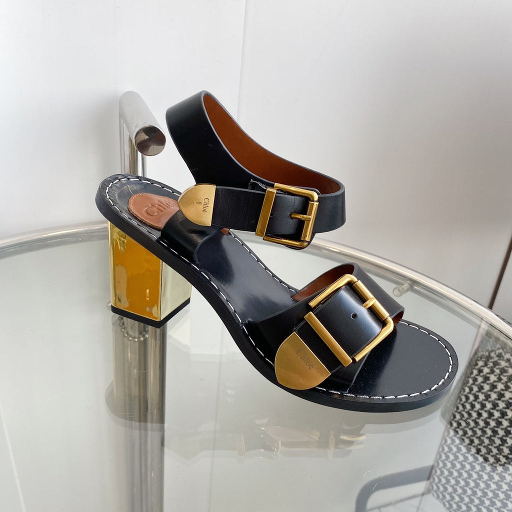 CHLO¨¦ REBECCA LOW HEELED SANDAL IN BLACK LAMBSKIN GOLD HARDWARE