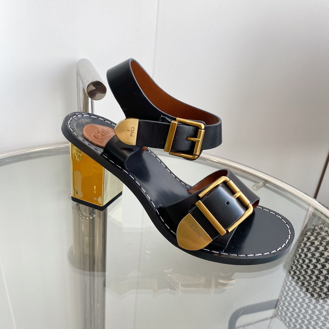 CHLO¨¦ REBECCA LOW HEELED SANDAL IN BLACK LAMBSKIN GOLD HARDWARE