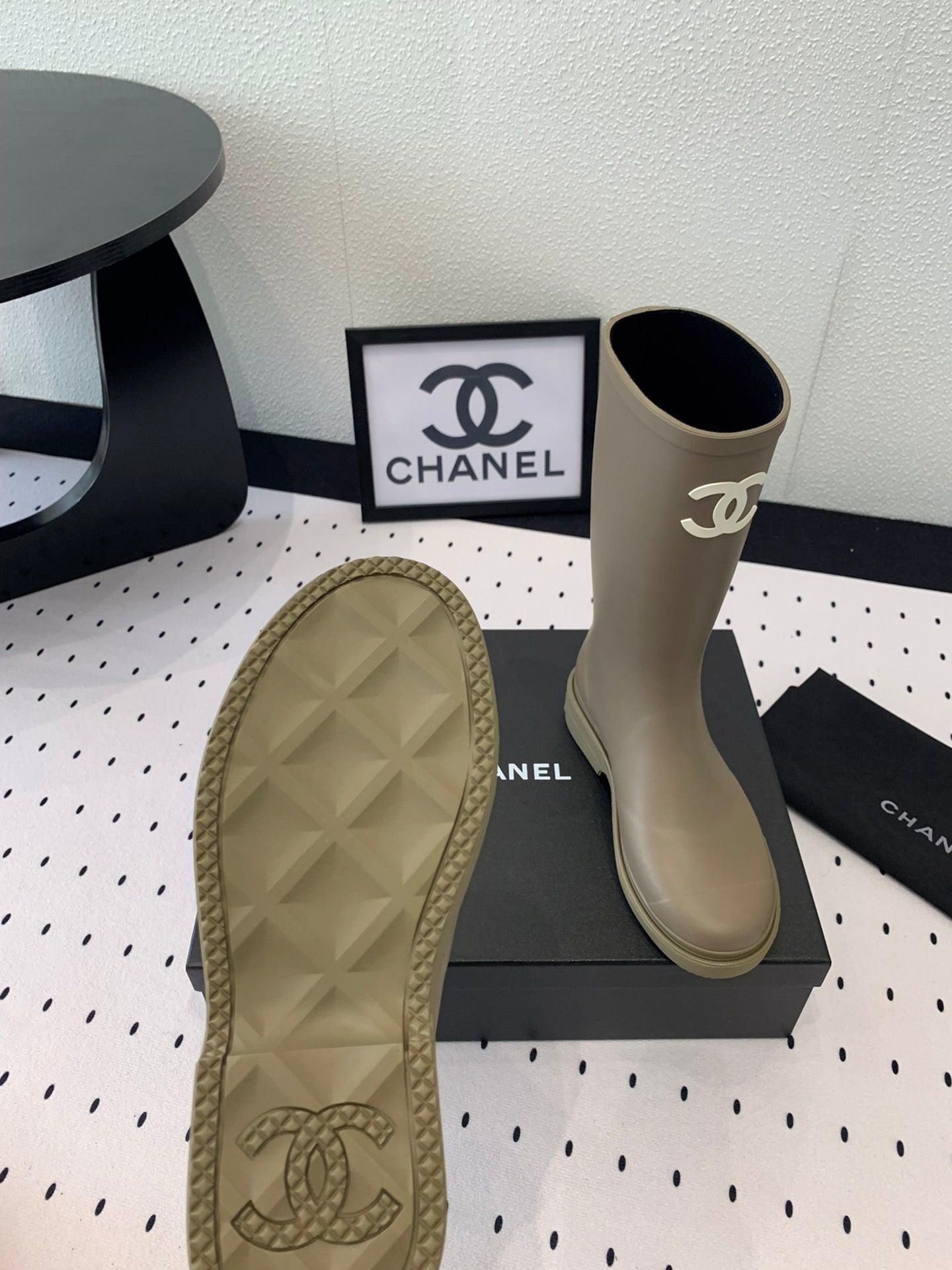 cc rainboot chanel dark beige