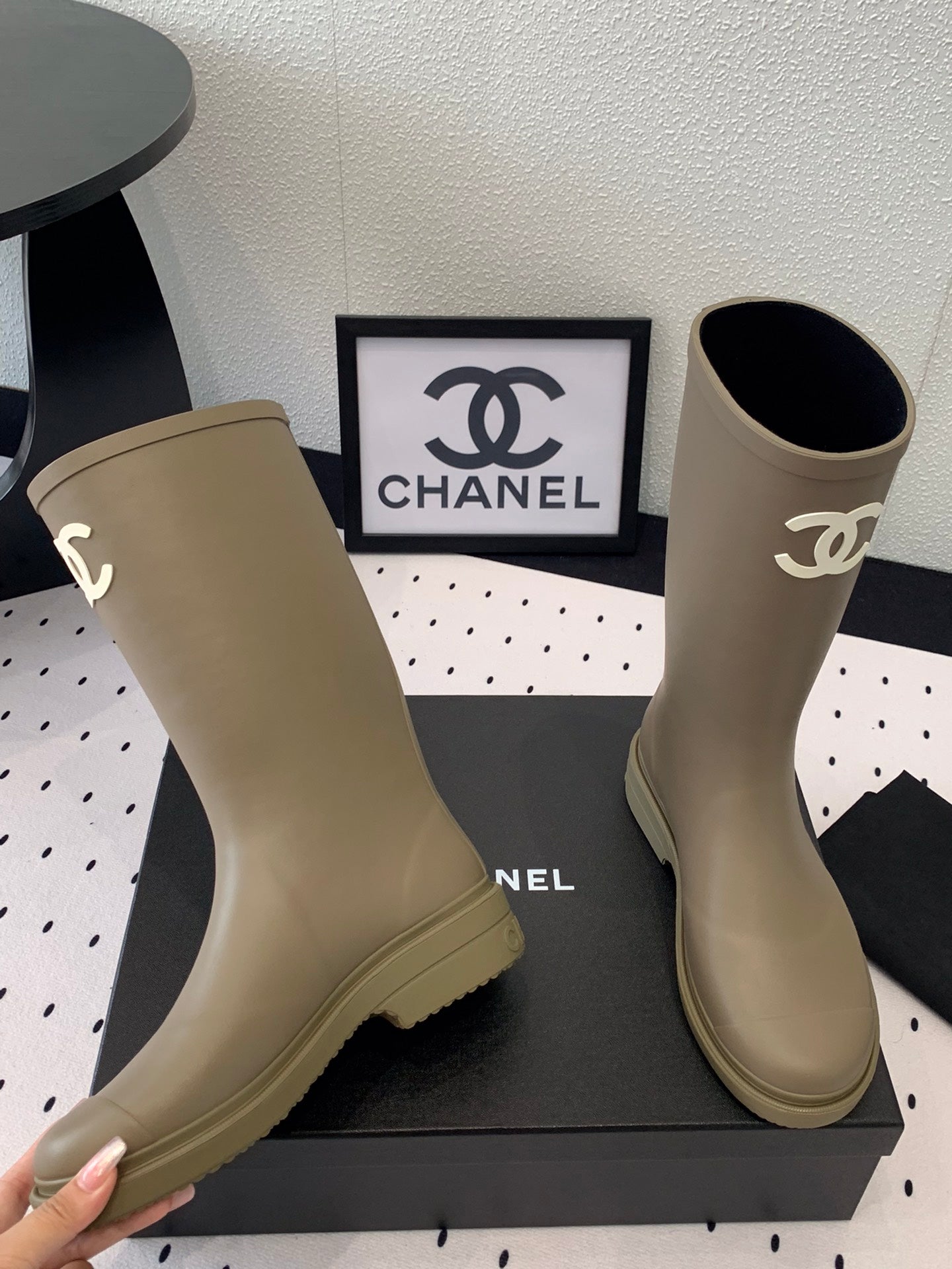 cc rainboot chanel dark beige