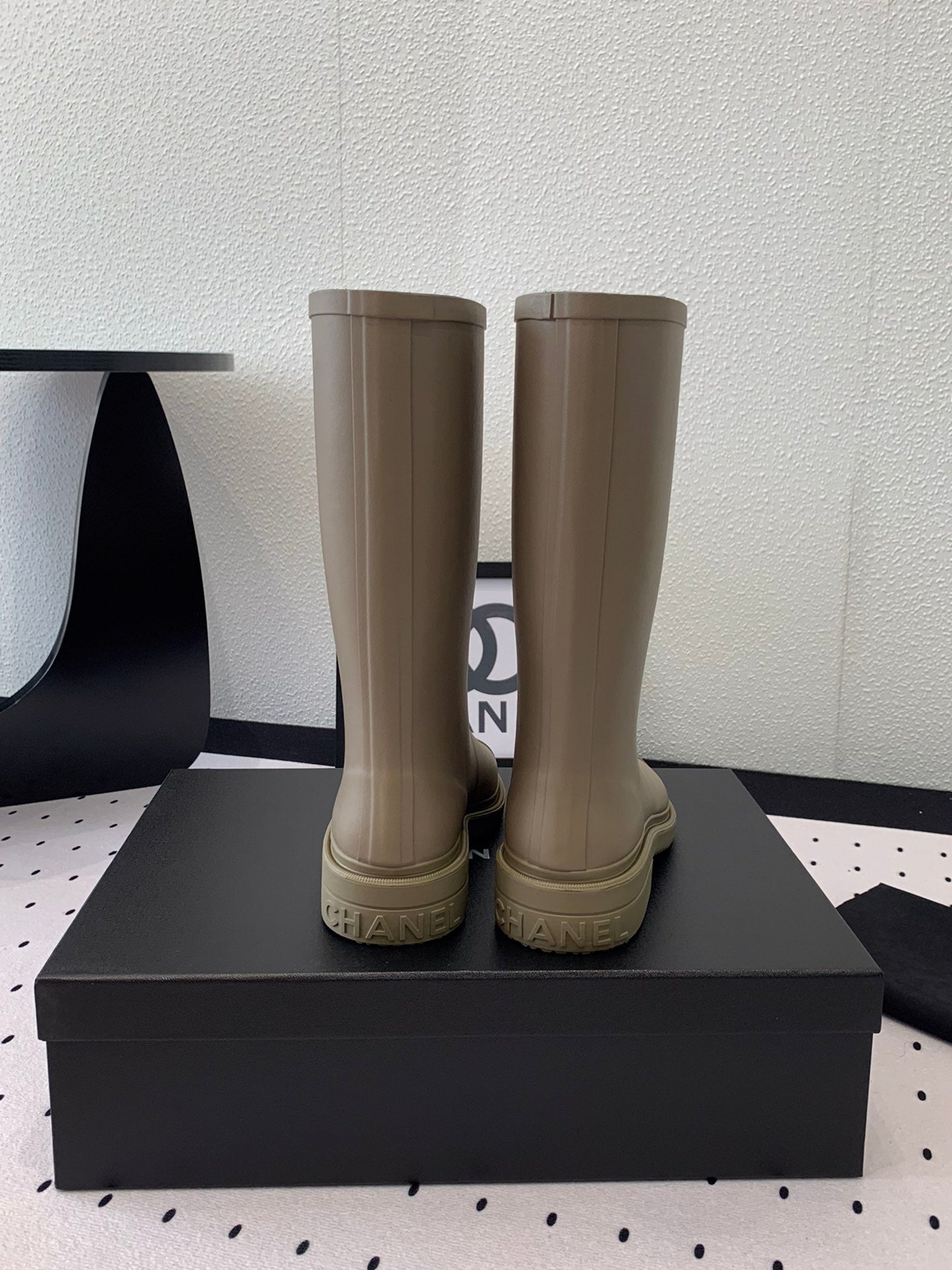 cc rainboot chanel dark beige