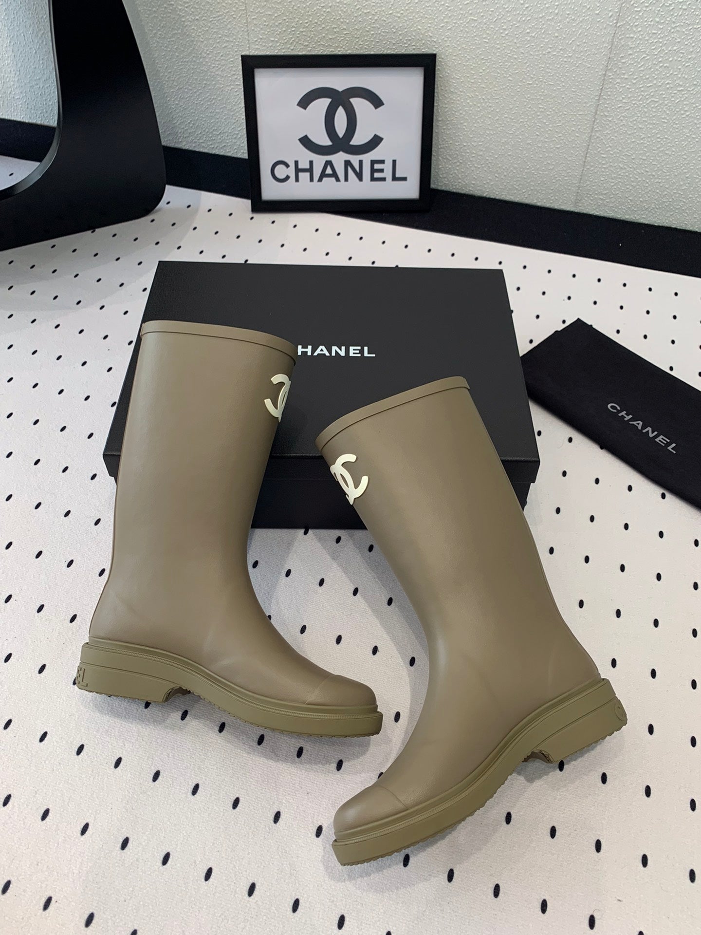 cc rainboot chanel dark beige