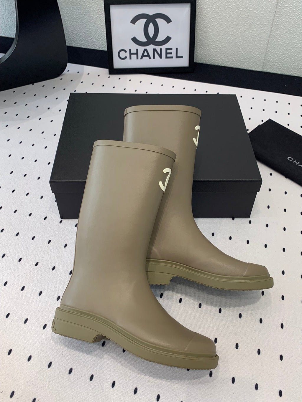 cc rainboot chanel dark beige