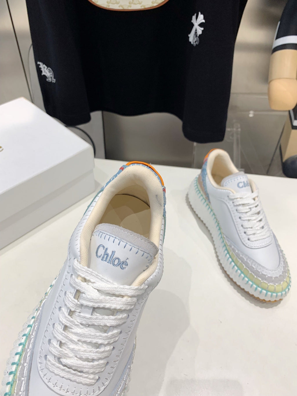 CHLO¨¦ NAMA SNEAKER 5 CM IN WHITE MIX GREEN CALFSKIN