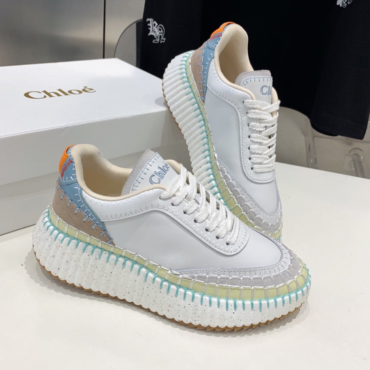 CHLO¨¦ NAMA SNEAKER 5 CM IN WHITE MIX GREEN CALFSKIN