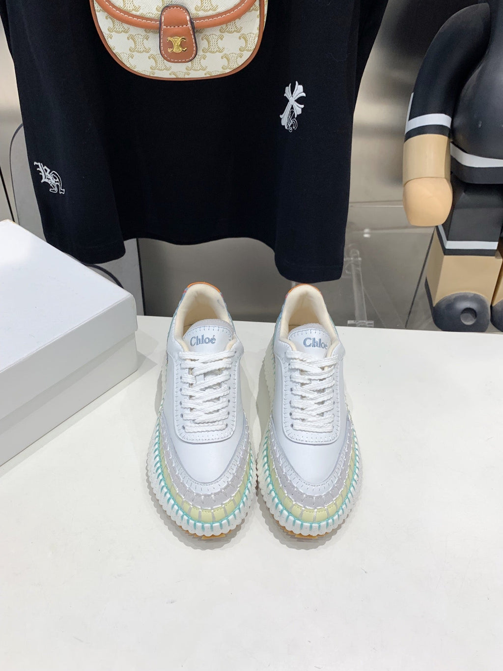 CHLO¨¦ NAMA SNEAKER 5 CM IN WHITE MIX GREEN CALFSKIN