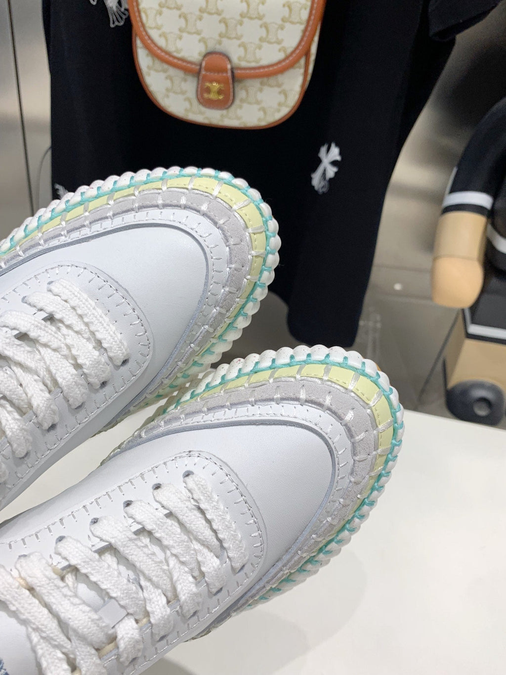CHLO¨¦ NAMA SNEAKER 5 CM IN WHITE MIX GREEN CALFSKIN
