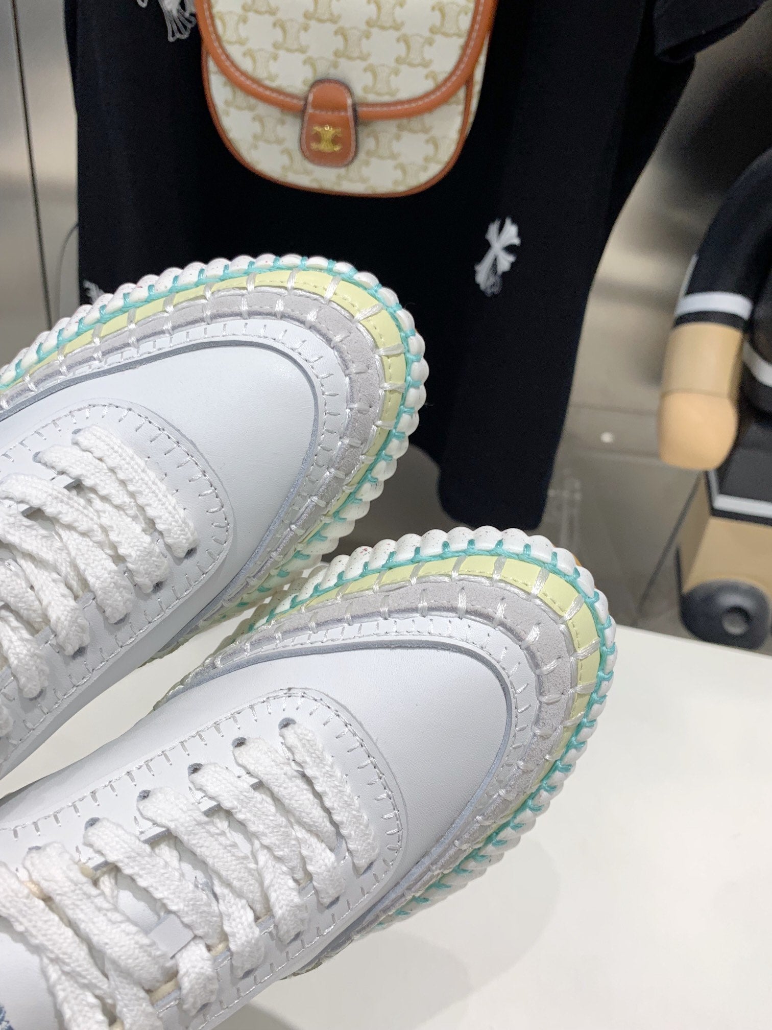 CHLO¨¦ NAMA SNEAKER 5 CM IN WHITE MIX GREEN CALFSKIN