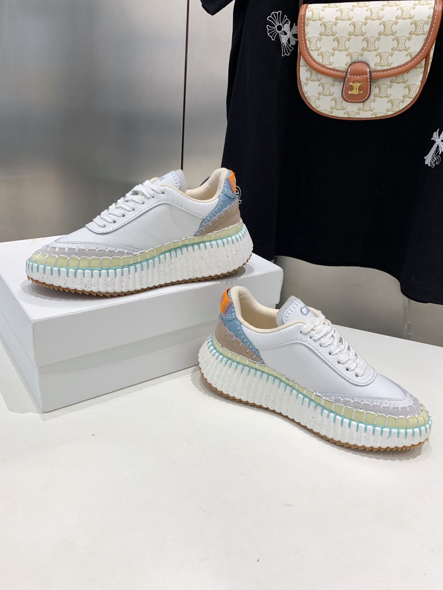 CHLO¨¦ NAMA SNEAKER 5 CM IN WHITE MIX GREEN CALFSKIN