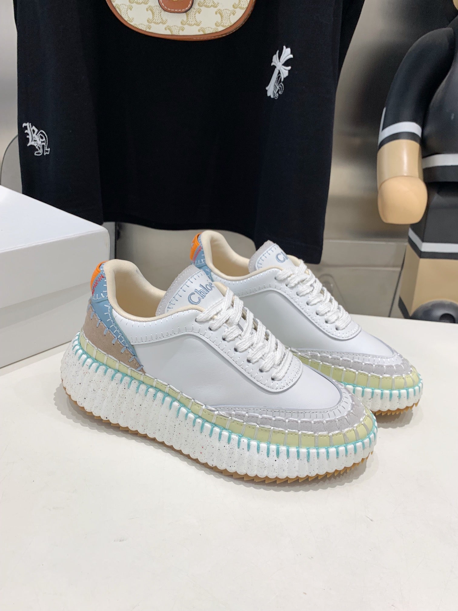 CHLO¨¦ NAMA SNEAKER 5 CM IN WHITE MIX GREEN CALFSKIN