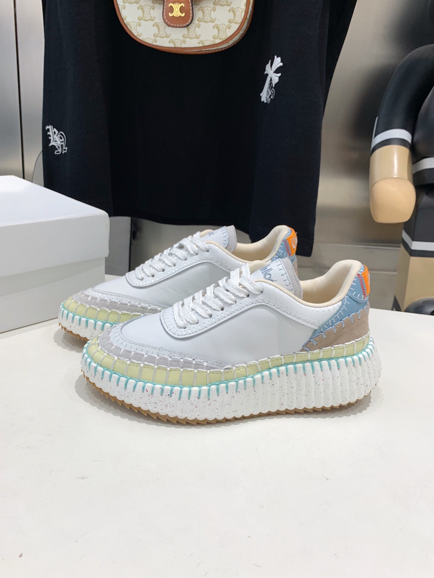 CHLO¨¦ NAMA SNEAKER 5 CM IN WHITE MIX GREEN CALFSKIN
