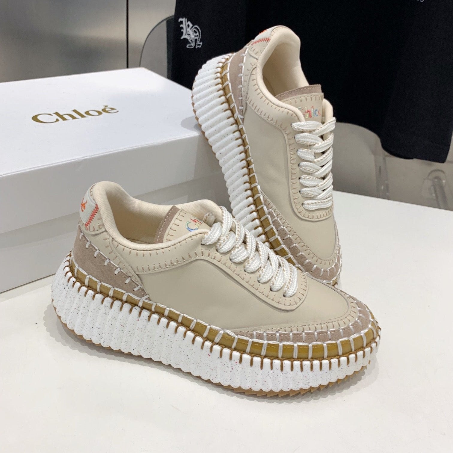 CHLO¨¦ NAMA SNEAKER 5 CM IN BISQUE BEIGE CALFSKIN