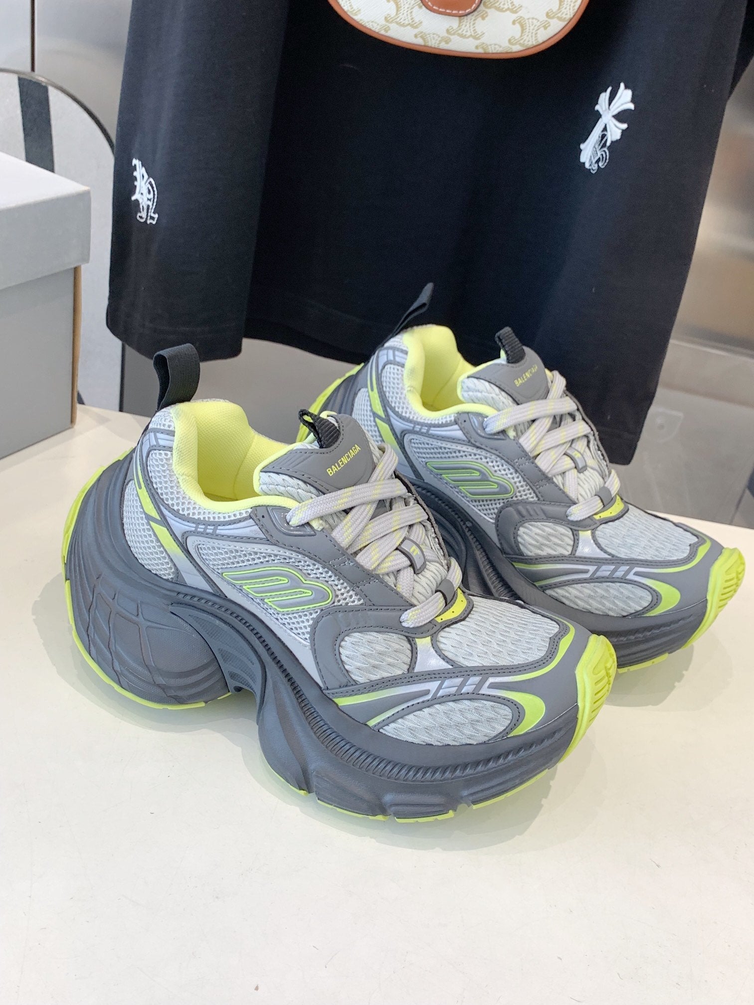 DAD SHOES IN GRAY MIX NEON GREEN MESH AND CALFSKIN