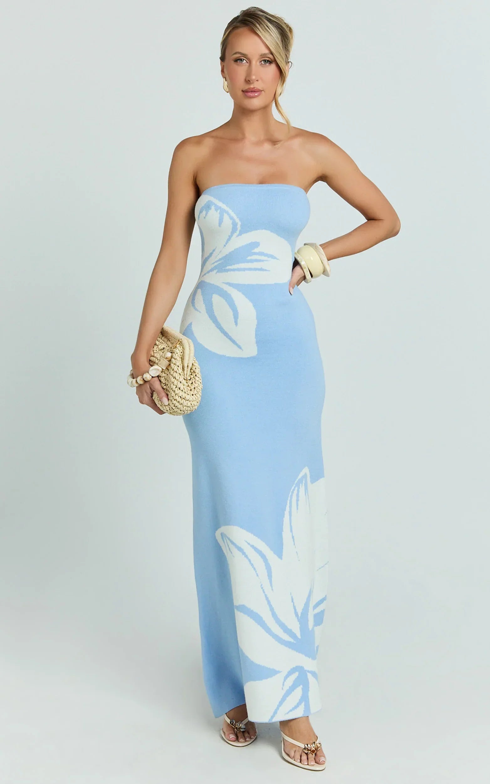 Amy Midi Dress - Knit Strapless Column Dress in Intarsia Print