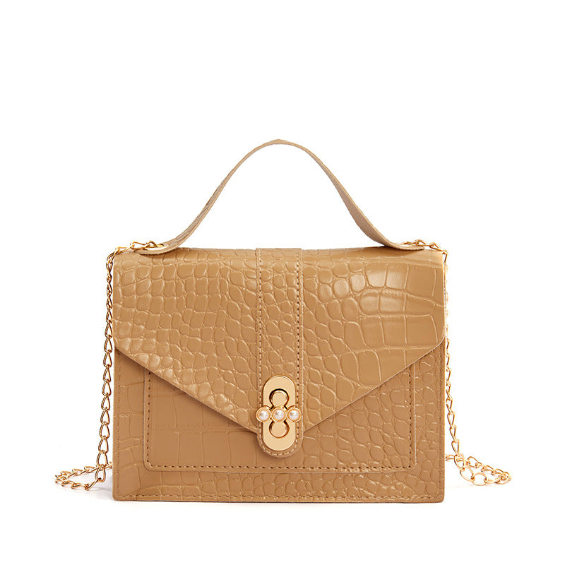 2025 Korean Color-Block Crocodile Pearl Lock Chain Small Square Bag
