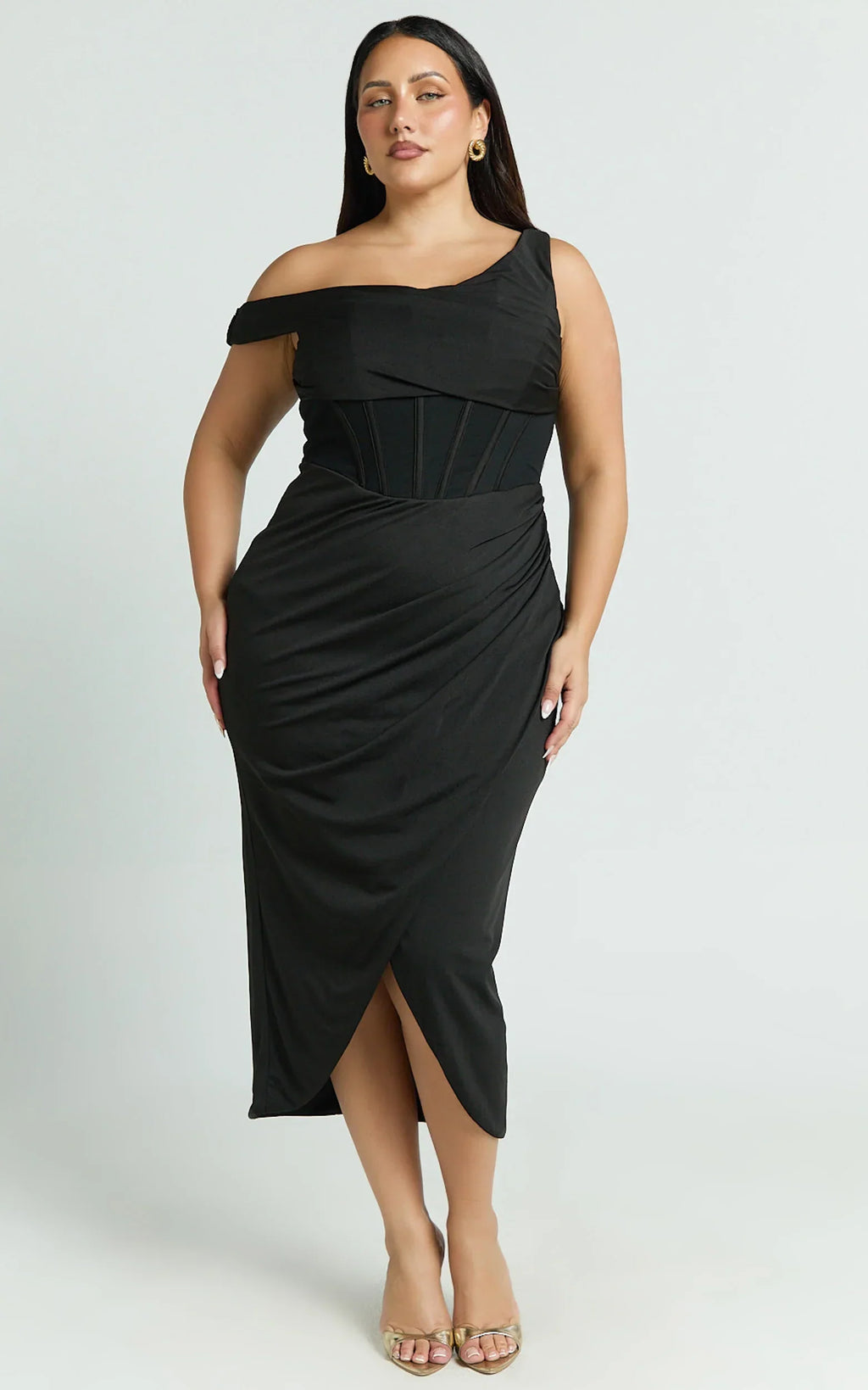 Aidia Midi Dress - Off Shoulder Draped Corset Dress in Black
