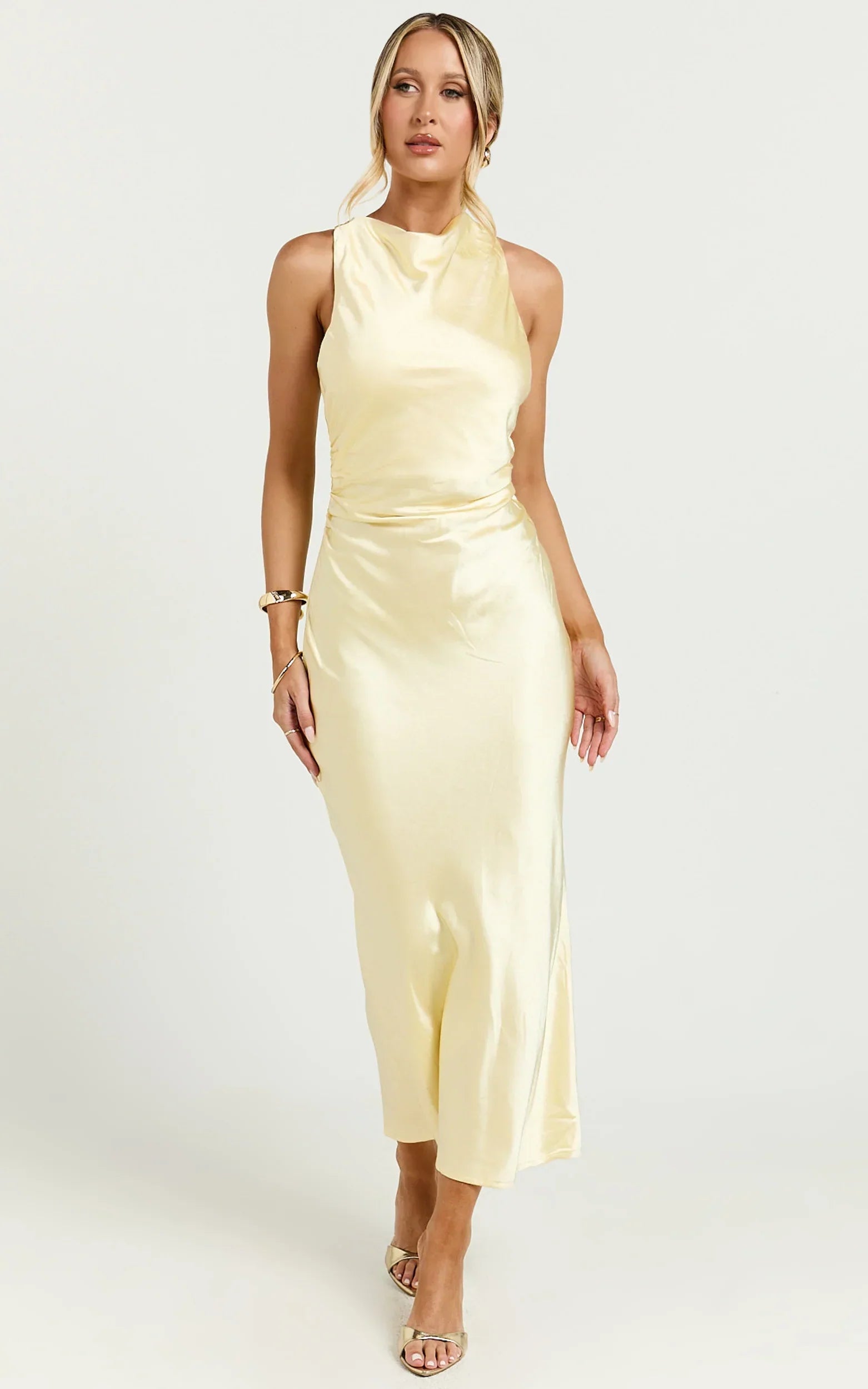 Aluna Midi Dress - High Neck Cross Back Satin Slip Dress in Lemon
