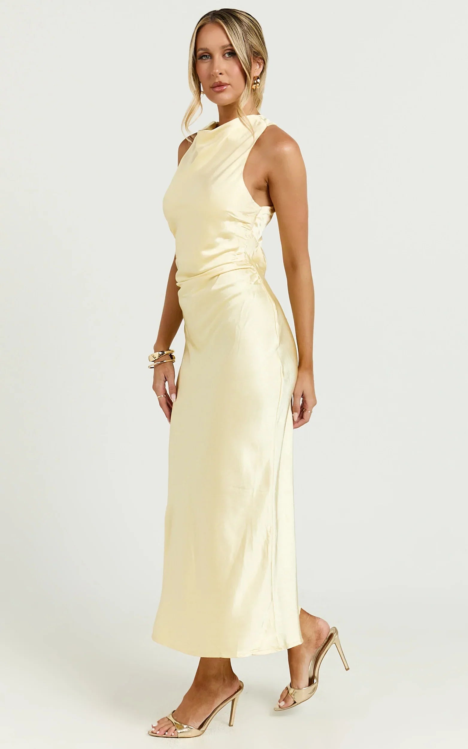 Aluna Midi Dress - High Neck Cross Back Satin Slip Dress in Lemon