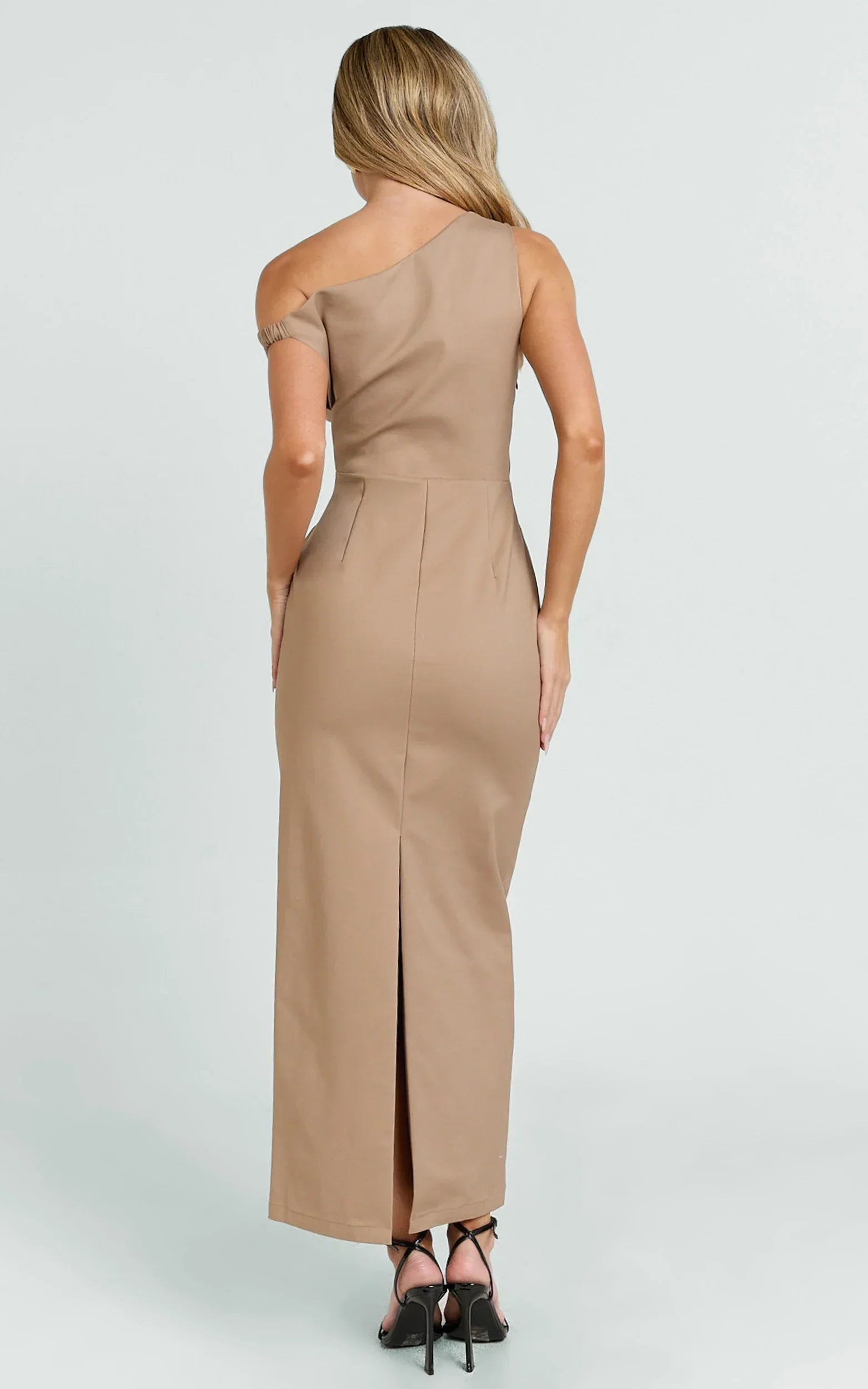 Alexandria Midi Dress - Tip Shoulder Draped Fitted Dress in Mocha