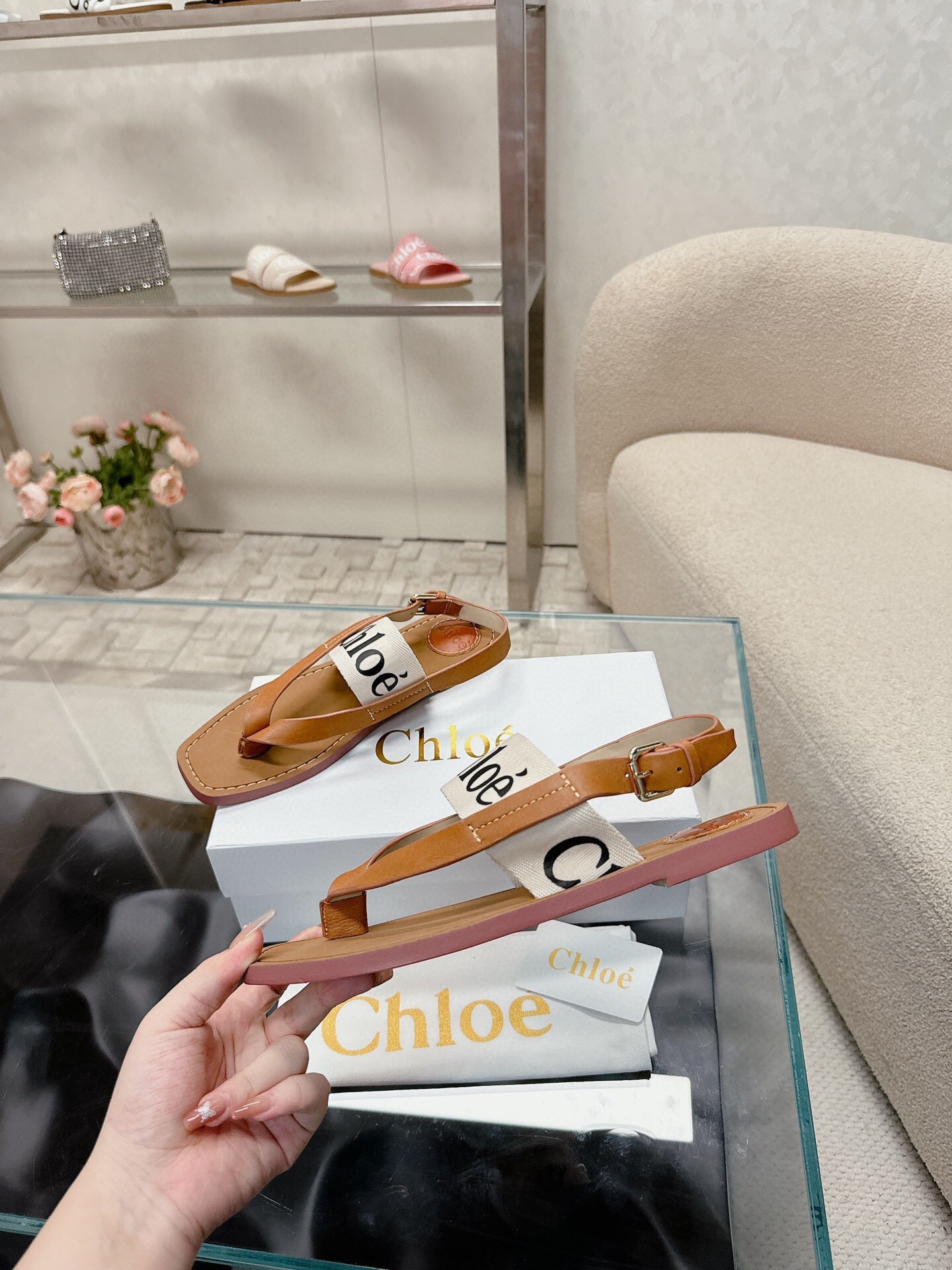 STRAP SANDALS IN TAN BROWN CANVAS AND CALFSKIN