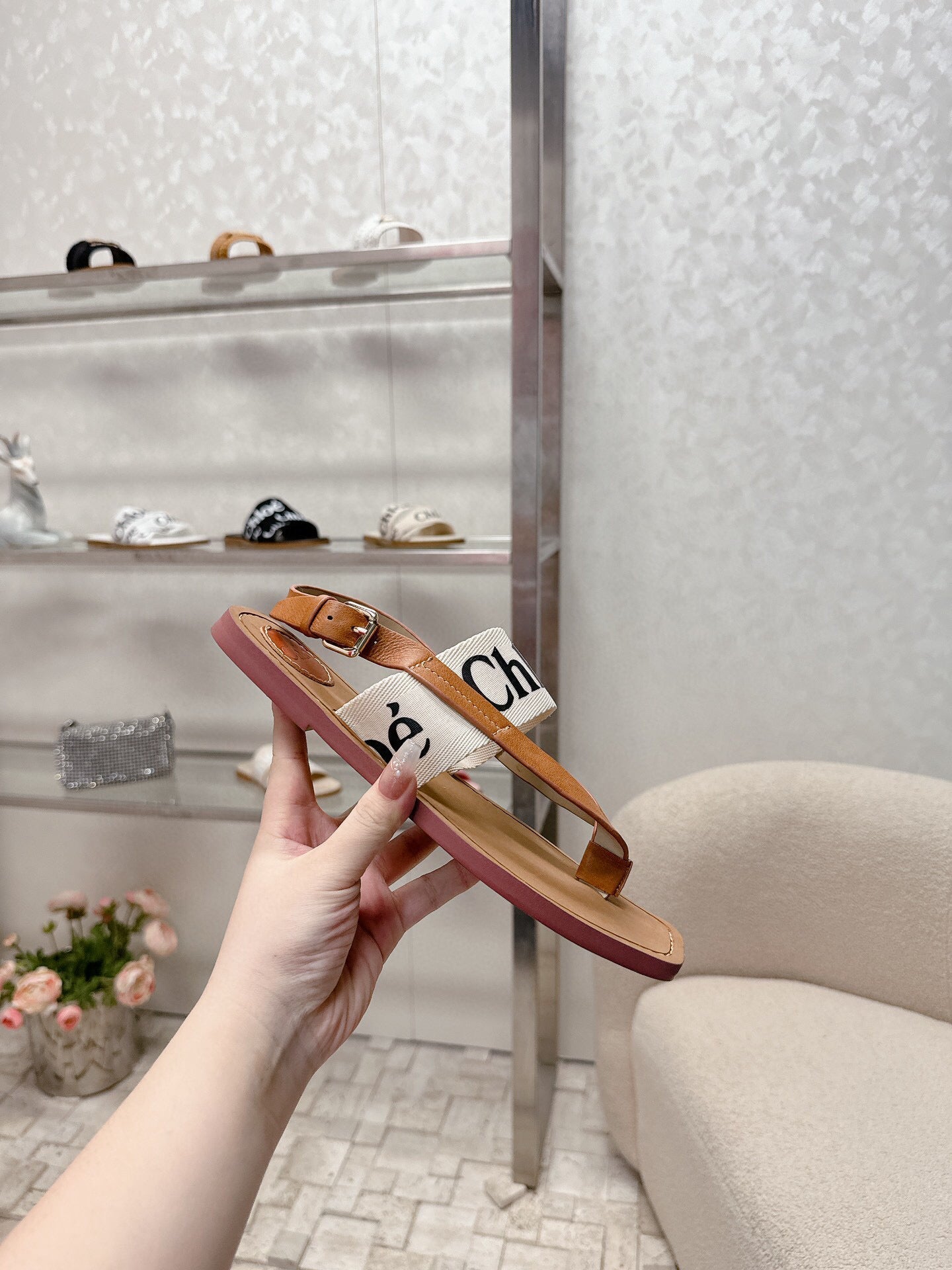 STRAP SANDALS IN TAN BROWN CANVAS AND CALFSKIN