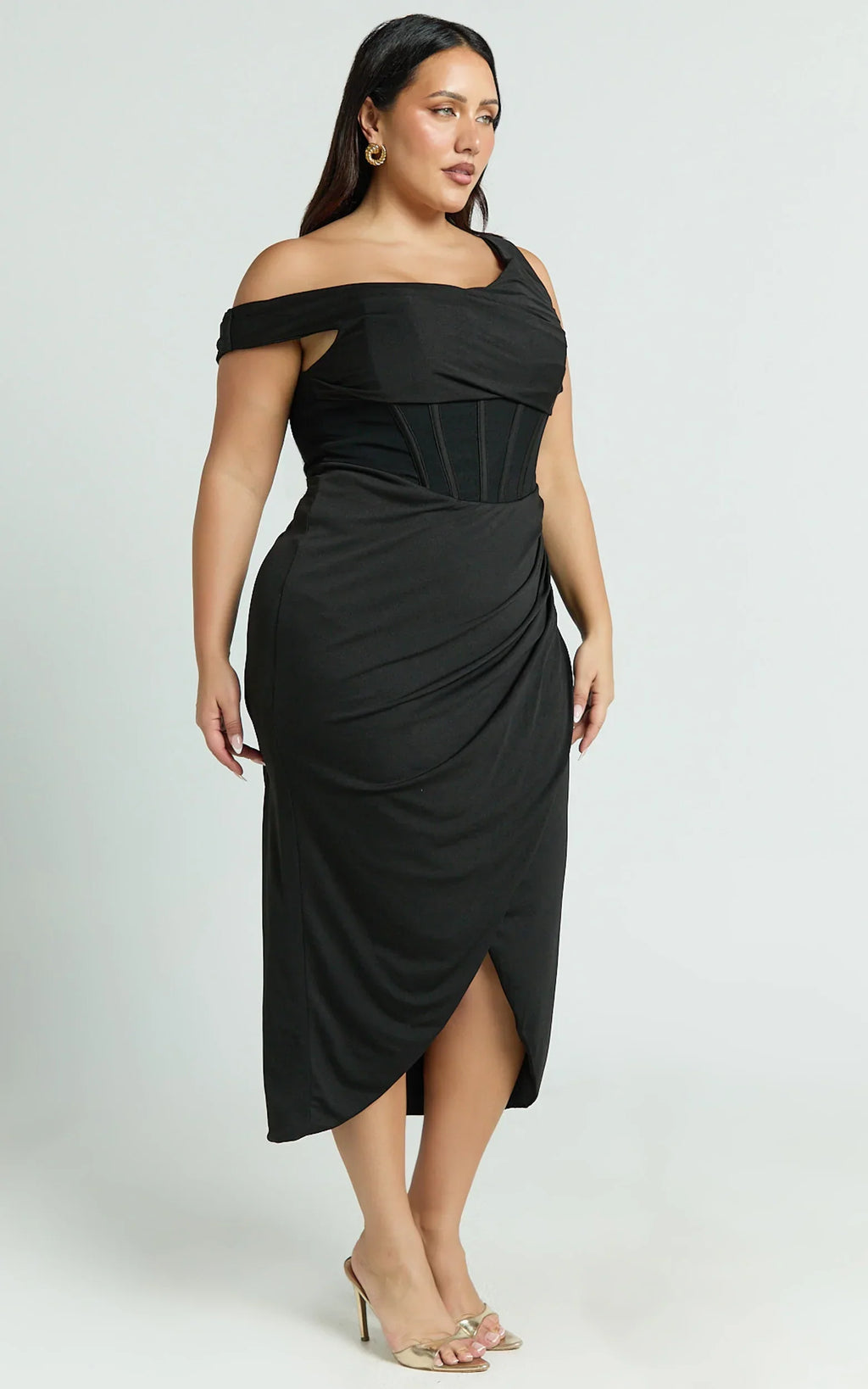 Aidia Midi Dress - Off Shoulder Draped Corset Dress in Black