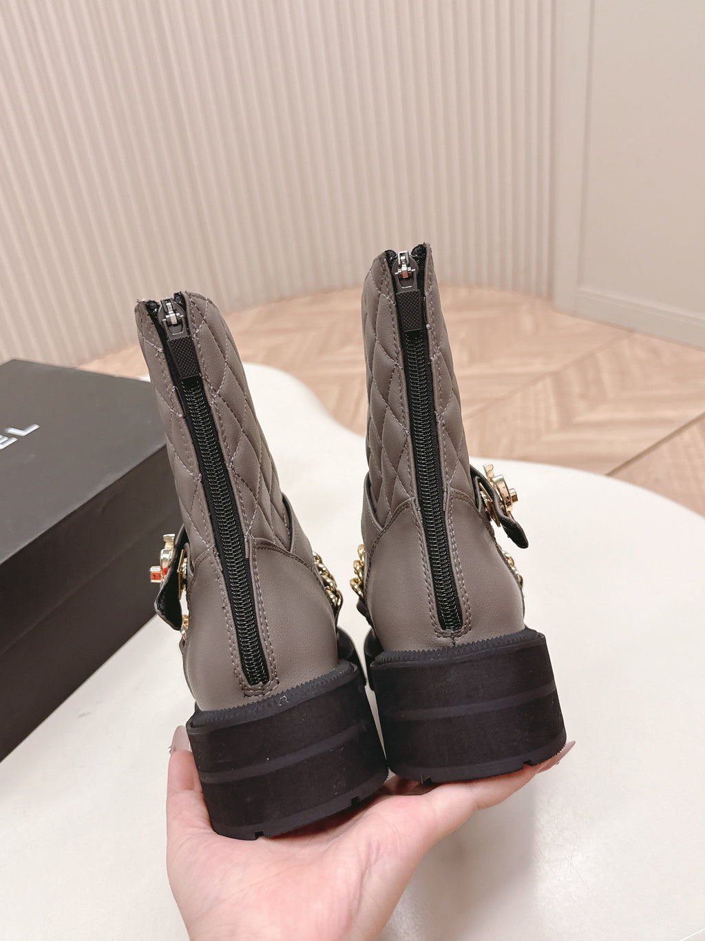 CHANEL ANKLE BOOTS 25S IN SMOKY GREY LAMBSKIN EMBOSSED LOGO WITH GOLD HARDWARE