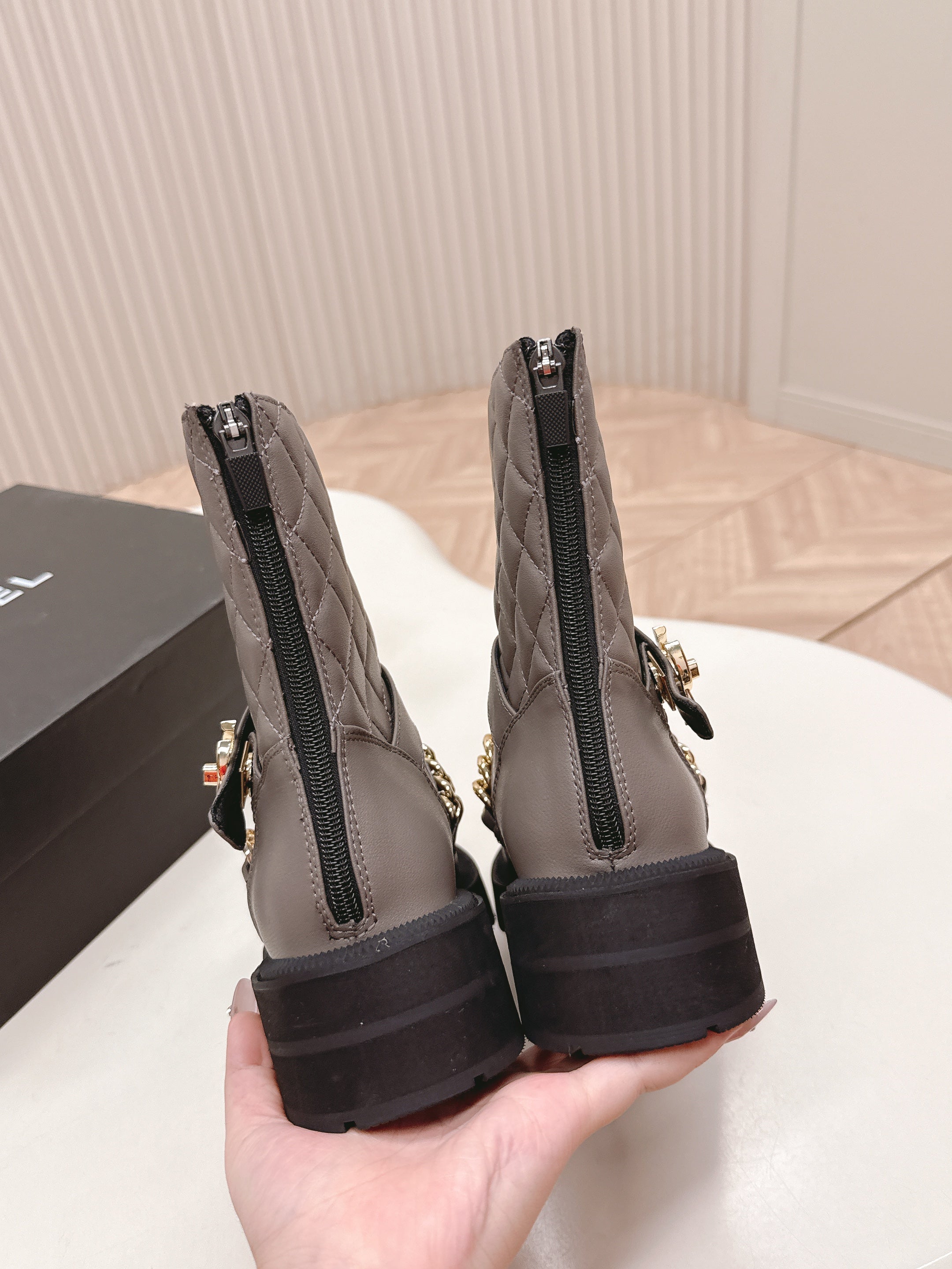 CHANEL ANKLE BOOTS 25S IN SMOKY GREY LAMBSKIN EMBOSSED LOGO WITH GOLD HARDWARE