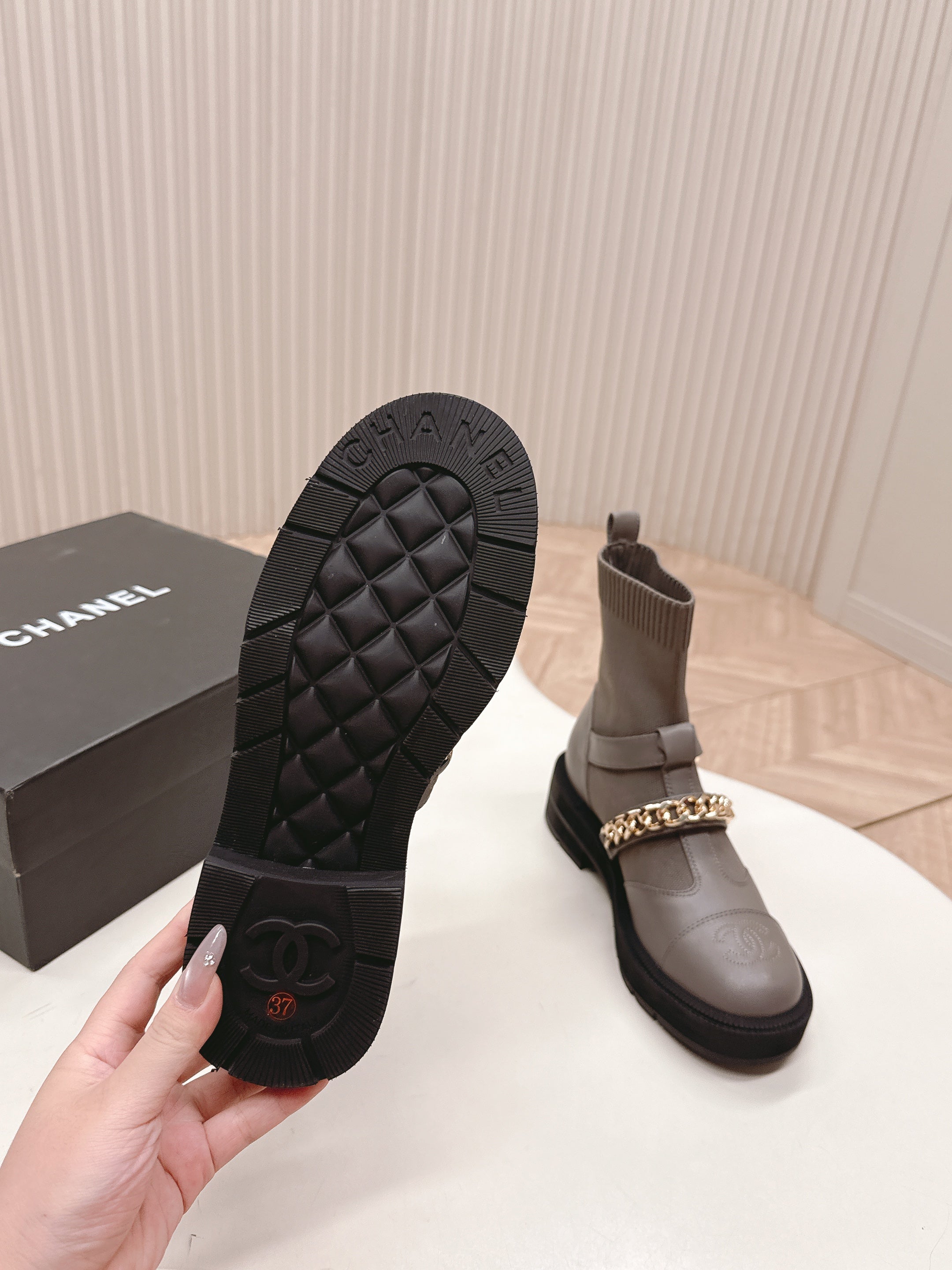 CHANEL ANKLE BOOTS 25S IN SMOKY GREY LAMBSKIN EMBOSSED LOGO WITH GOLD HARDWARE