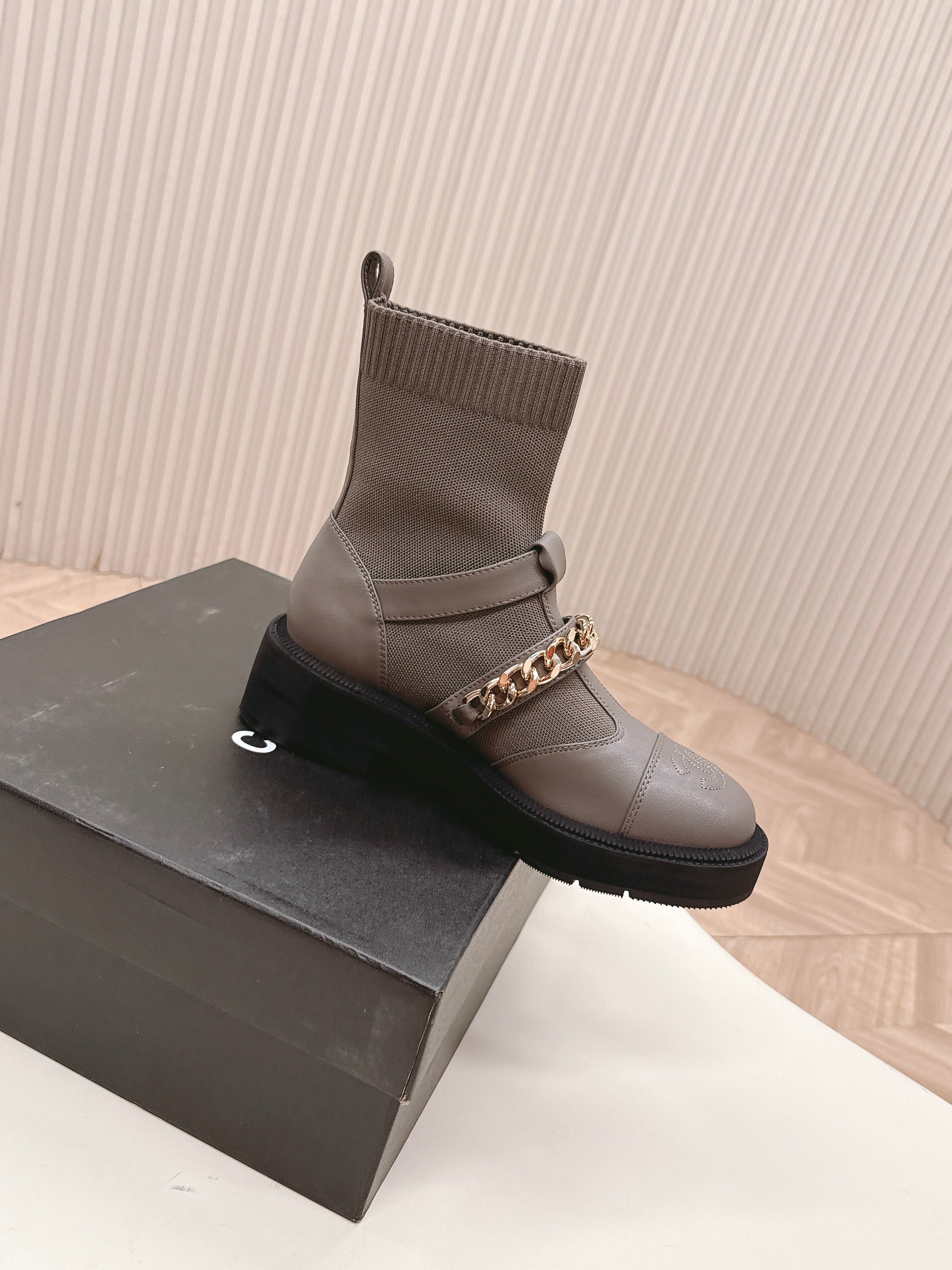 CHANEL ANKLE BOOTS 25S IN SMOKY GREY LAMBSKIN EMBOSSED LOGO WITH GOLD HARDWARE