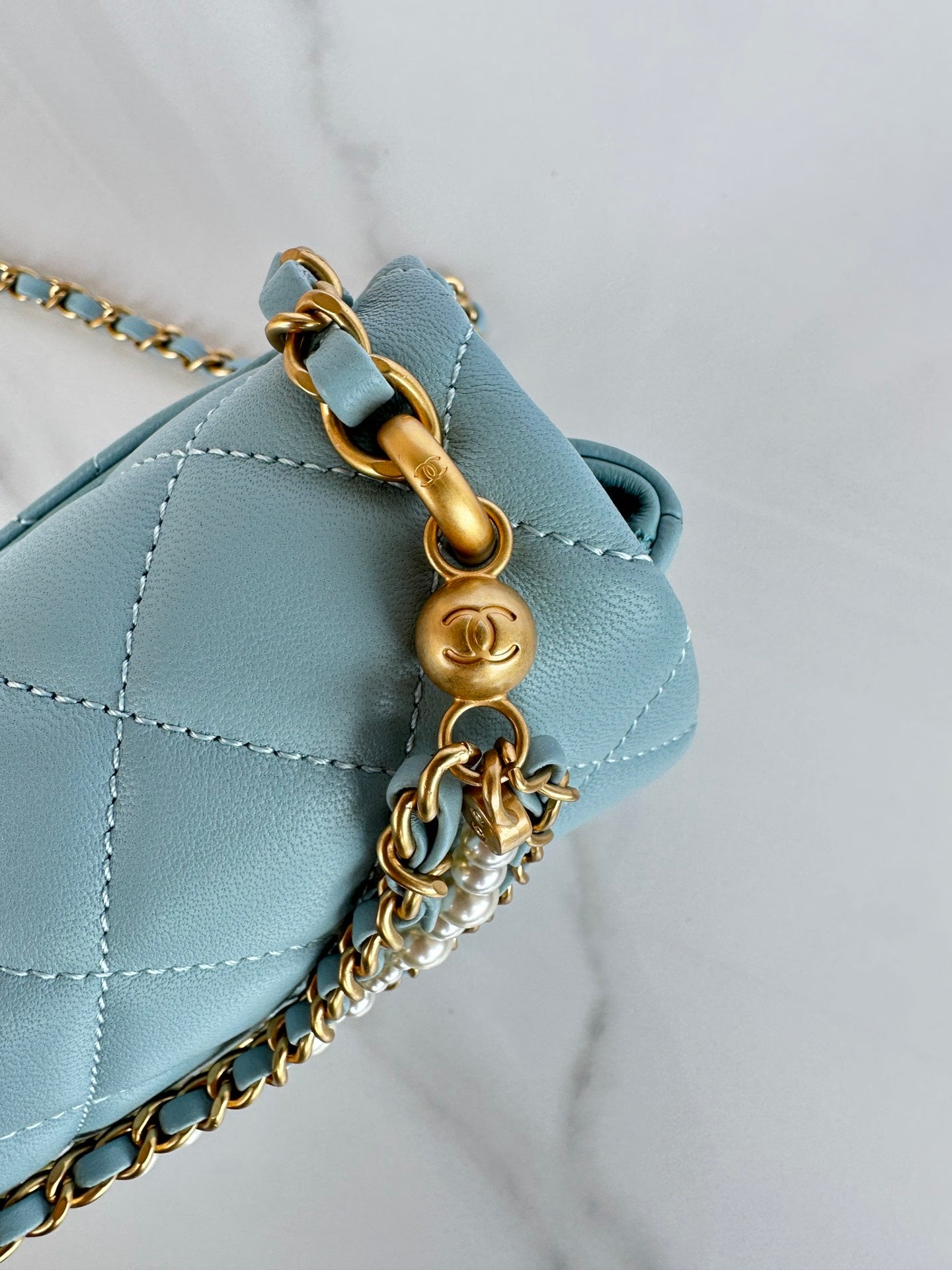 CC SMALL 20 FLAP BAG IN LIGHT BLUE CALFSKIN