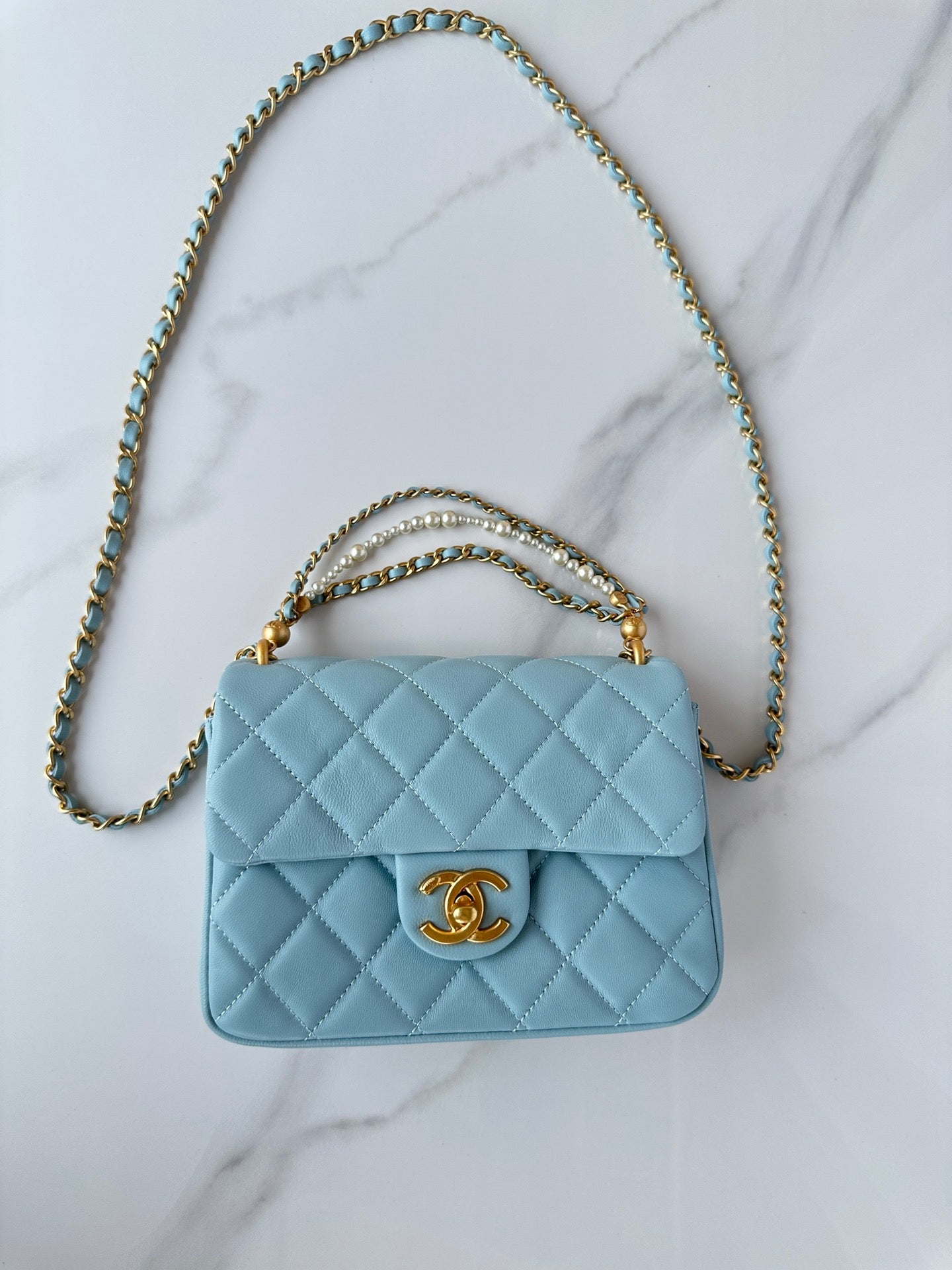 CC SMALL 20 FLAP BAG IN LIGHT BLUE CALFSKIN